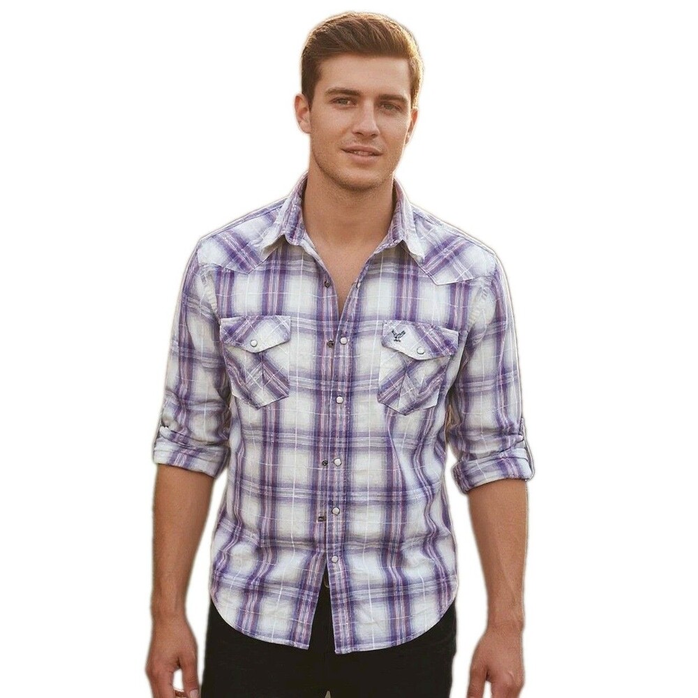 American Eagle Vintage Fit Purple Plaid Long Sleeve Pearl Snap Shirt Large